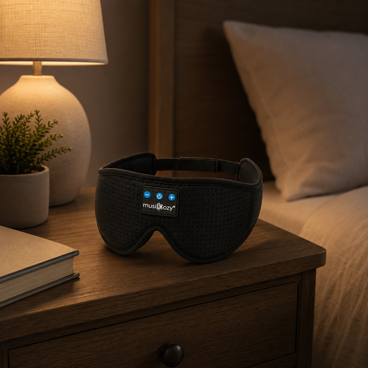 Antifaz Bluetooth SomniaRing sobre mesita de noche