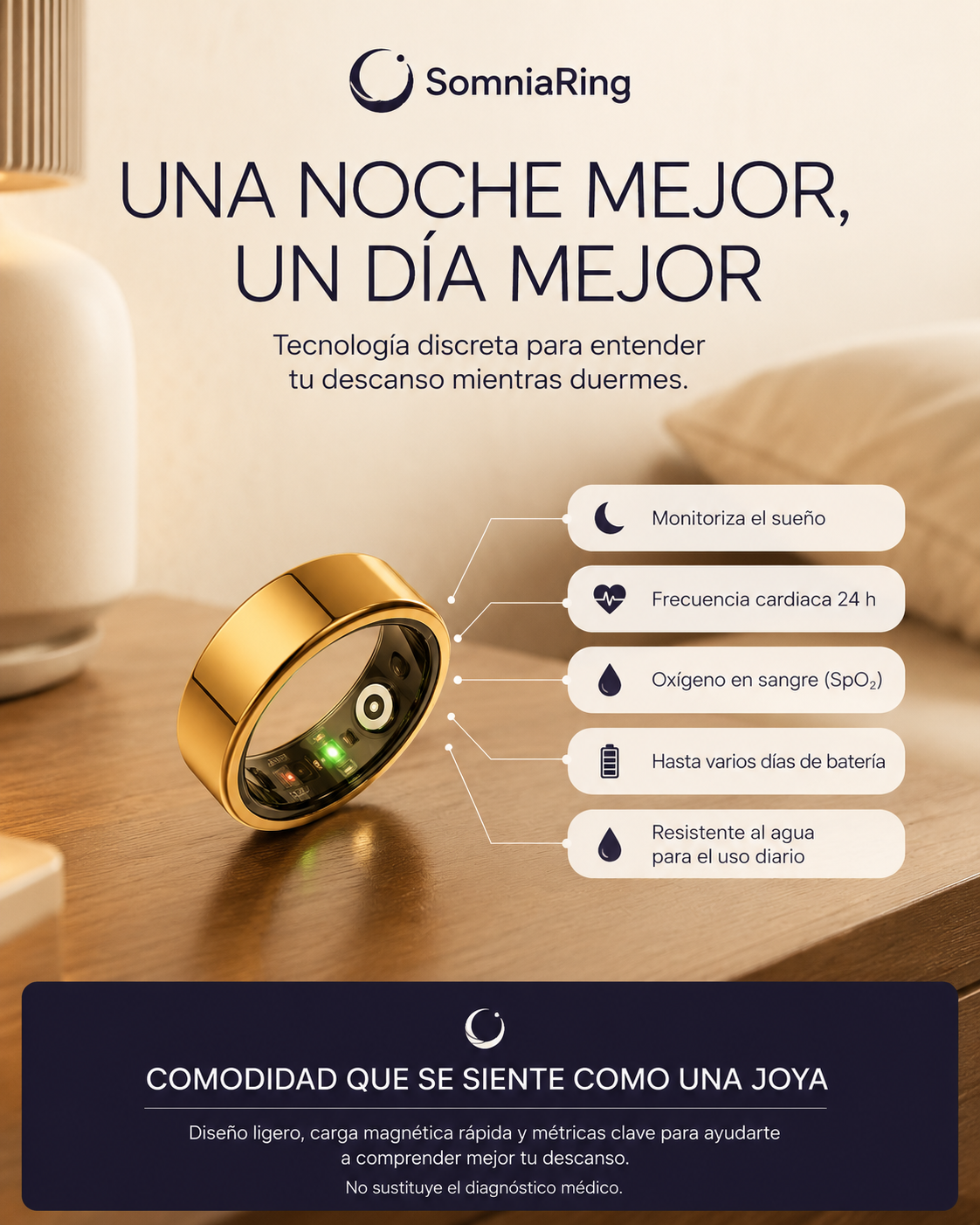 Beneficios del Anillo Inteligente SomniaRing: sueño, frecuencia cardiaca, oxígeno en sangre